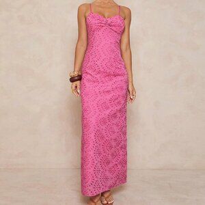 Pink Boho Embroidered Spaghetti Strap Maxi Dress